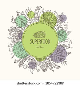 Background with super foods: acai berries, noni fruits, wheat grass and carob pods. Vector hand drawn illustration.