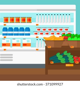 Background of supermarket shelves.