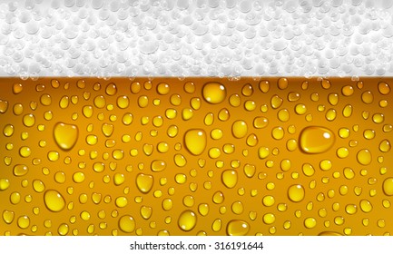 Background of surface of a glass of beer with foam and drops