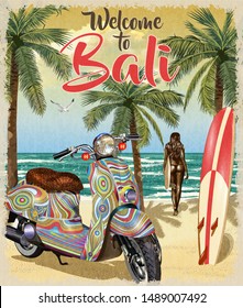 Background with surf,beach, retro scooter and  girl carrying  surfboard.Welcome to Bali poster.