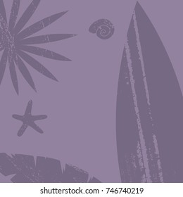 background, surfboard, starfish, shell, palm leaves, purple, texture, flat design illustration vector