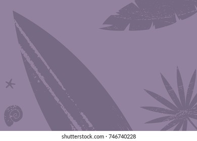 background, surfboard, starfish, shell, palm leaves, purple, texture, flat design illustration vector