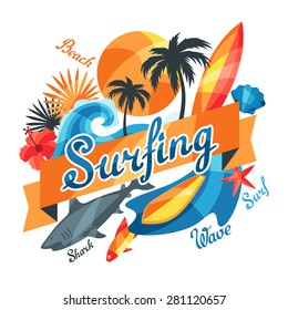 Background with surfing design elements and objects.