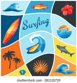 Background with surfing design elements and objects.
