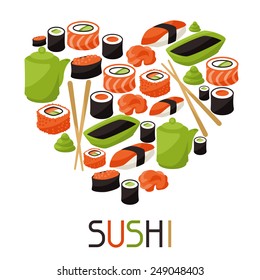 Antecedentes con sushi. Dibujo de cocina tradicional japonesa.