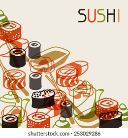 Background with sushi. Japanese traditional cuisine illustration.
