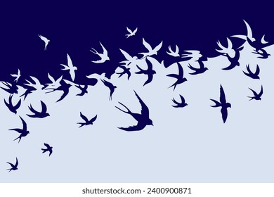 Background with swallows. Dark blue silhouette on a light background. Banner with outlines of flying birds and place for text.