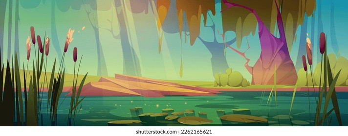 Background with swamp or pond in jungle forest. Wetland landscape with trees, green grass, bushes and lake with water lily leaves, cattails, vector cartoon illustration