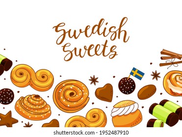 Background with Swedish sweets and calligraphy. Vector illustration