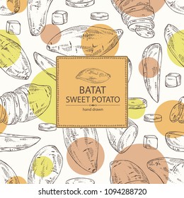 Background with sweet potato: root and sweet potato slice. Vector hand drawn illustration.