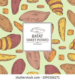 Antecedentes con batata: trozo de raíz y batata.Ilustración dibujada a mano por vectores.