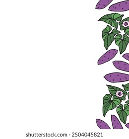 Background with Sweet potatoes plant. Hand drawn vector template illustration with tuber potato, yam, leaf, flower for text. The image created without the use of any artificial intelligence software