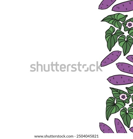 Background with Sweet potatoes plant. Hand drawn vector template illustration with tuber potato, yam, leaf, flower for text. The image created without the use of any artificial intelligence software