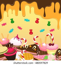 Background with sweets, biscuits, cakes, candies, chocolates, doughnuts, waffles.