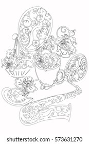 Background with sweets and cakes, a cup of coffee for a adult antistress coloring.  Hand drawn illustration. 