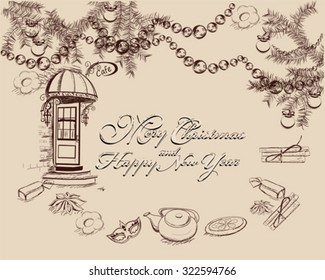 Background with sweets and cakes for menu design, street cafe. Hand drawn illustration.
