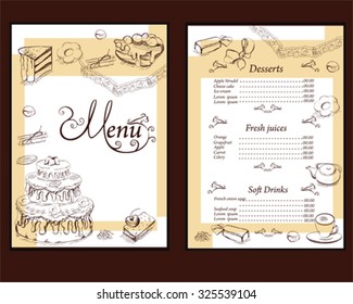 Background with sweets and cakes for menu design. Hand drawn illustration for menu design, brochures, cards  etc.