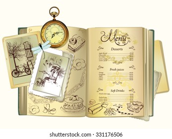 Background with sweets and cakes for menu design. Old book with old photos. Hand drawn illustration for menu design, brochures, cards etc.