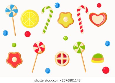 Background with sweets, candies, lollipops, hard candies, cookies, jelly beans, candy shop, lollipops, loli pop