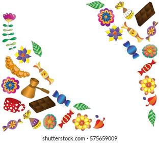 background with sweets, candy, mug, chocolate, flowers and leaves