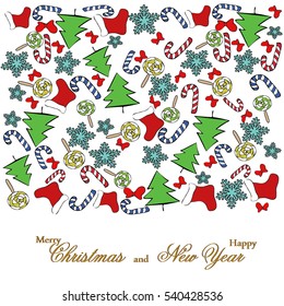 background of sweets, Christmas tree, stocking and snowflake for postcard greetings. Merry Christmas and Happy New Year. Vector illustration