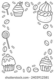 Background with sweets, cupcakes, baking, desserts. Background, coloring page, black and white vector illustration.