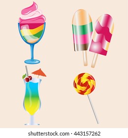 background with sweets, ice cream, candy, cocktail