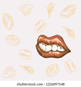 Background with sweets and mouth biting lip. The mouth on the body background is biting the lip from the crap something to eat.
