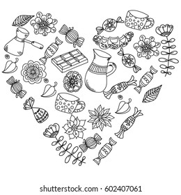 background with sweets in the shape of a heart: chocolate, candy, twigs, coffee, mug, white background