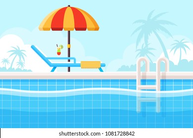 Background with Swimming Pool, Parasol and Beach Chair. Flat Design Style. 