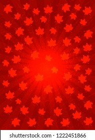 Background with symbols of Canada. Red background with center rays, maple leaves and grunge texture