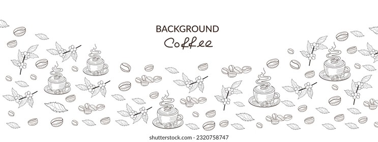 background with symbols of coffee beans, leaves and a sprig of coffee, a cup of hot coffee.