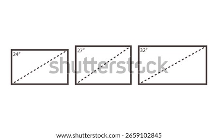 Background symbols and icons for LCD screen sizes. 24, 27, and 32 inches. Monitor and smart TV sizes