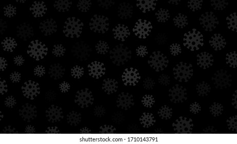 Background with symbols of virus, gray on black. Illustration on the coronavirus pandemic.