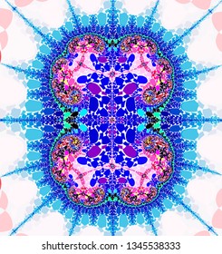 Background of symmetrical fractal image resembling inlay in blue, vector illustration