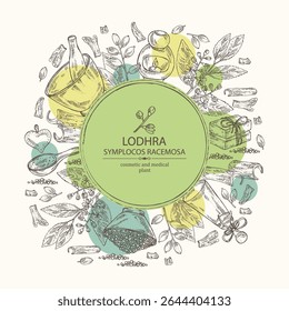 Fundo com simplocos racemosa: planta lodhra, folhas, flores, lodhra berryes e simplocos racemosa casca. Cosméticos e planta médica. Ilustração desenhada à mão do vetor, medicina asiática
