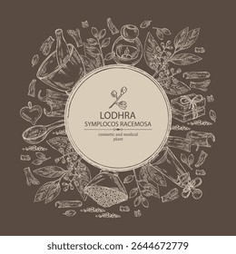 Fundo com simplocos racemosa: planta lodhra, folhas, flores, lodhra berryes e simplocos racemosa casca. Cosméticos e planta médica. Ilustração desenhada à mão do vetor, medicina asiática
