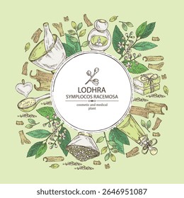 Fundo com simplocos racemosa: planta lodhra, folhas, flores, lodhra berryes e simplocos racemosa casca. Cosméticos e planta médica. Ilustração desenhada à mão do vetor, medicina asiática