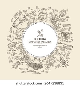 Fundo com simplocos racemosa: planta lodhra, folhas, flores, lodhra berryes e simplocos racemosa casca. Cosméticos e planta médica. Ilustração desenhada à mão do vetor, medicina asiática