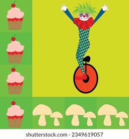 Antecedentes de las servilletas de mesa con payaso sobre galletas de monociclo y hongos; actor de circo haciendo un truco de unicycle con un borde de hongos y muffins