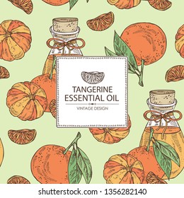 Background with tangerine and bottle of tangerine essential oil. Cosmetic, perfumery and medical plant. Vector hand drawn 