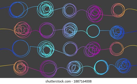 Background with tangled and unraveled doodle hand drawn tangles. Abstract backdrop for web design. Brainstorming symbol. Vector illustration