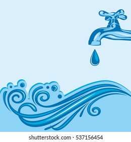 Background of tap with drop and falling water. Vector illustration