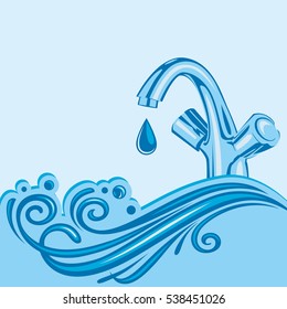 Background of tap with drop and falling water. Vector illustration