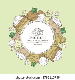 Antecedentes con taro: raíz de taro, rodaja de ltaro y bolsa y plato con harina. Colocasia esculenta. Ilustración dibujada a mano por el vector