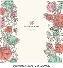 Background with taxus baccata: plant, branch of taxus baccata and taxus baccata berries. Berry yew. Oil, soap and bath salt . Cosmetics and medical plant. Vector hand drawn illustration