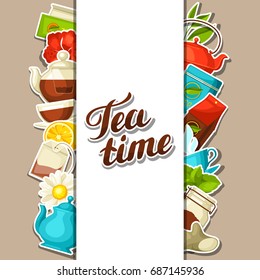 Background with tea and accessories, packs and kettles.