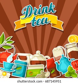 Background with tea and accessories, packs and kettles.