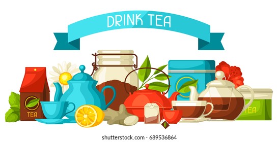 Background with tea and accessories, packs and kettles.