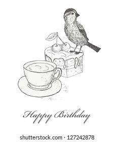 Background with tea, bird and cake. Birthday greeting card